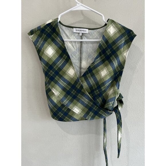 WE WORE WHAT Cropped Women's Plaid Green Wrap Tie Shirt V Neck Short Sleeve - Picture 1 of 4